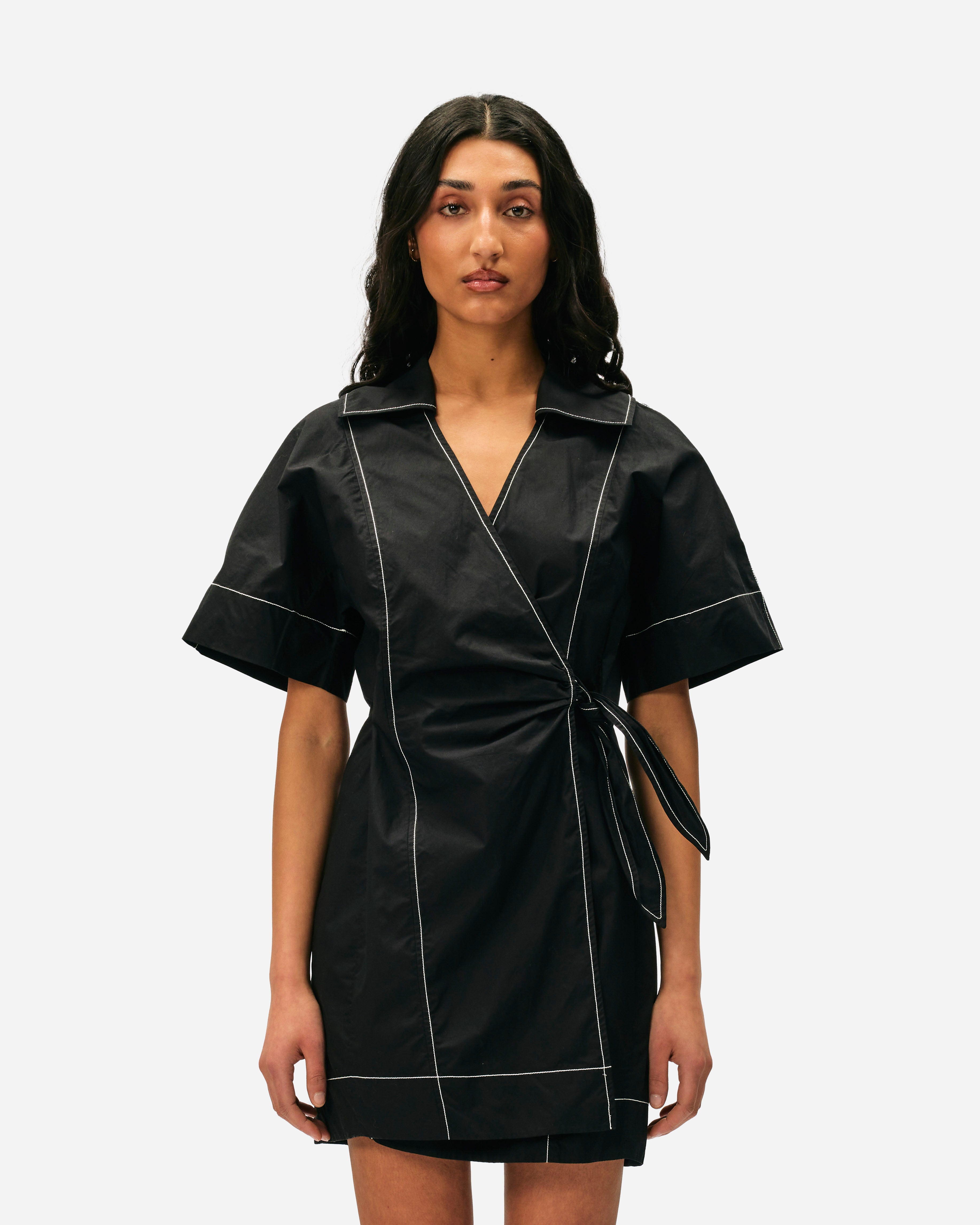 Ganni Cotton Poplin Wrap Mini Dress Black F9388