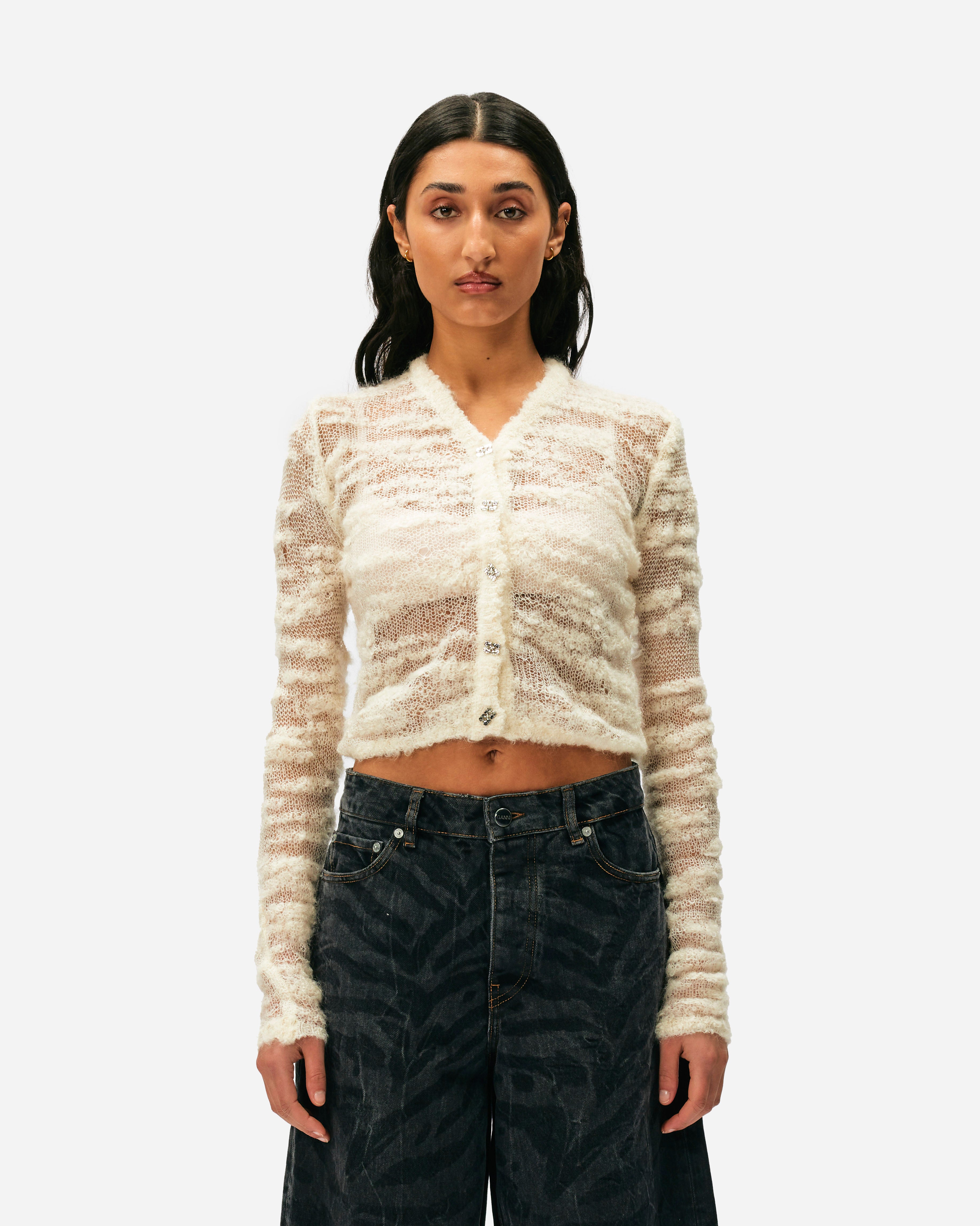 GANNI Alpaca Mohair Boucle Cardigan Egret K2254
