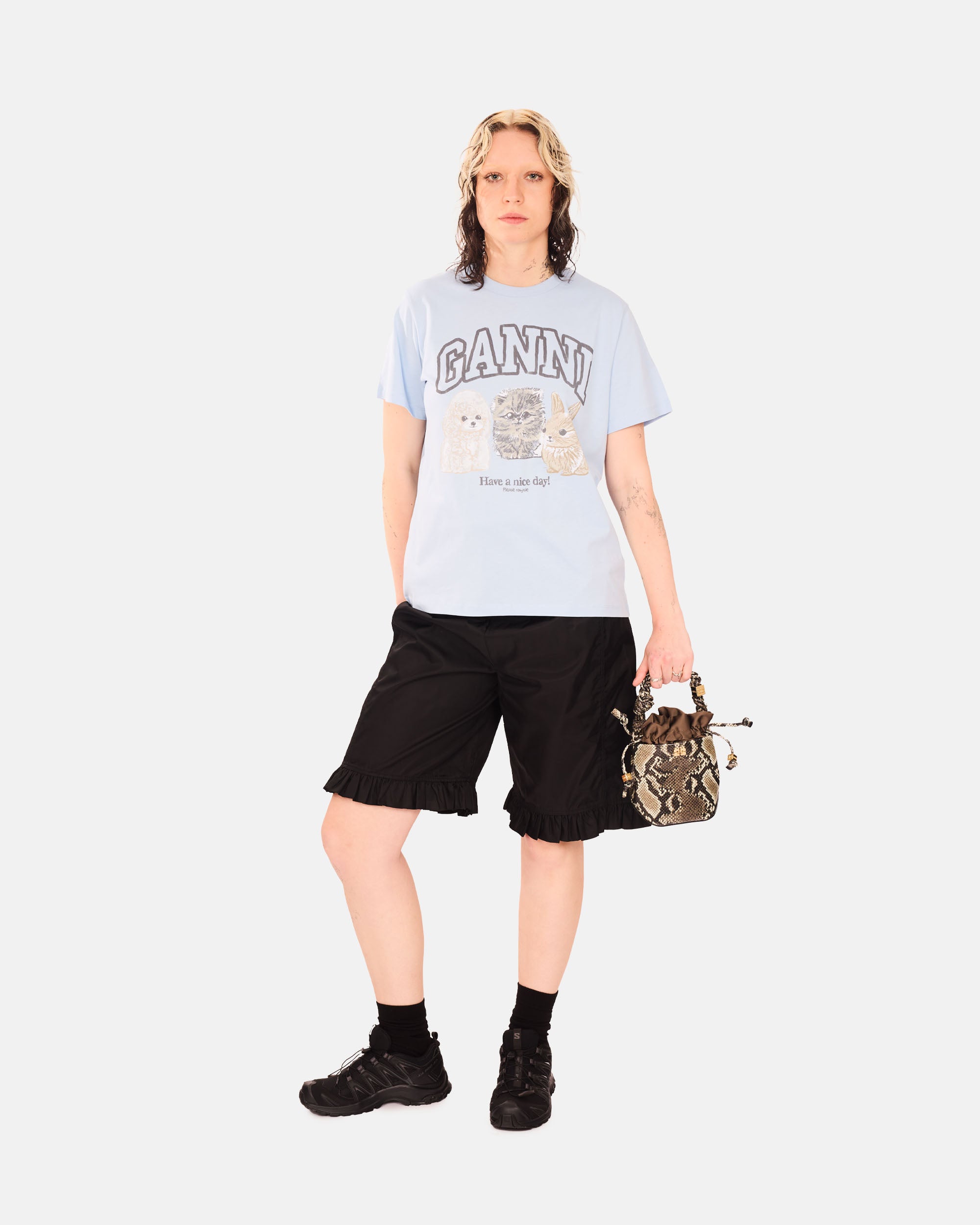 GANNI Basic Cotton Jersey Animals Relaxed T-shirt Chambray Blue T4278-570