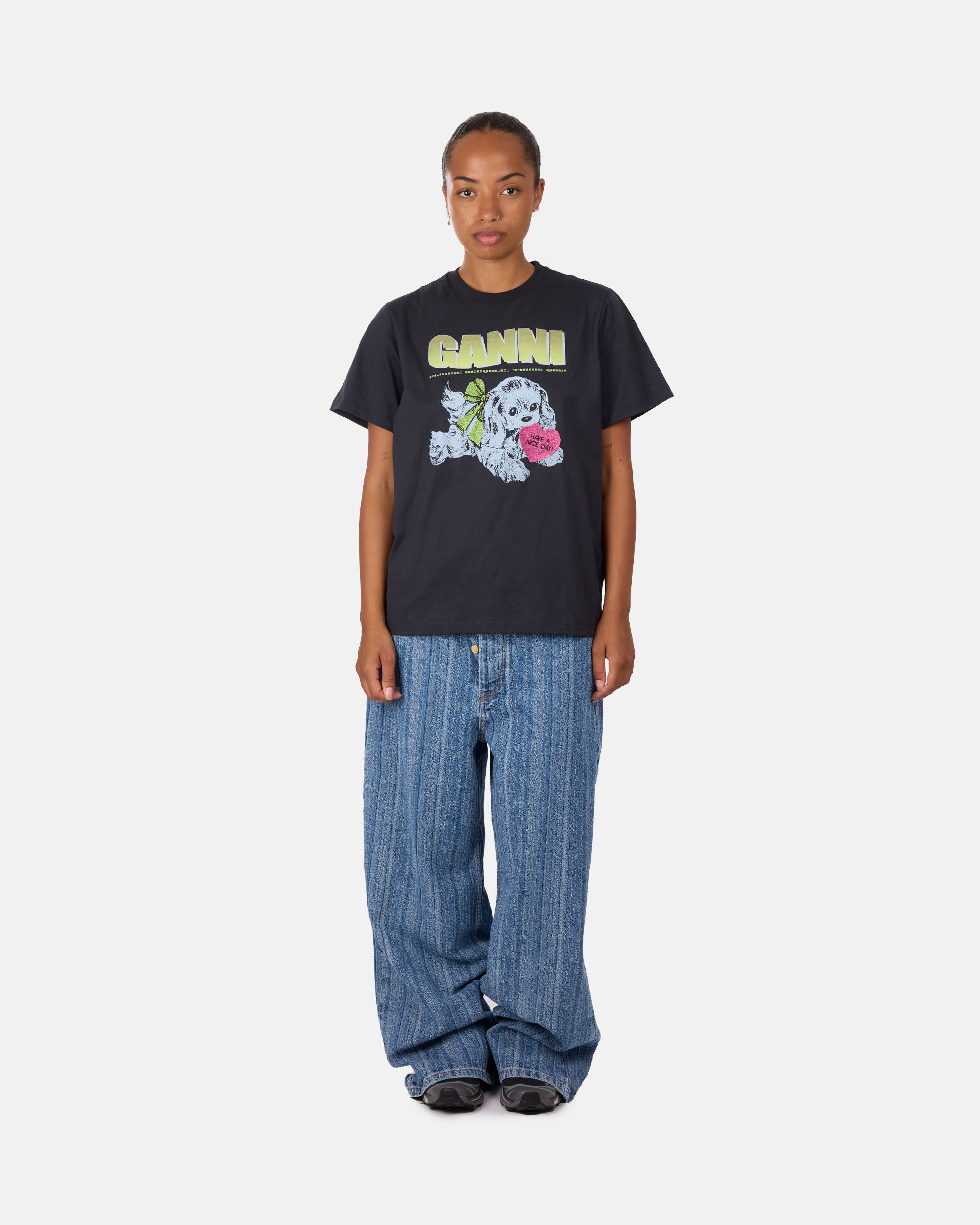 GANNI Basic Cotton Jersey Neon Puppy T-shirt Phantom T4333