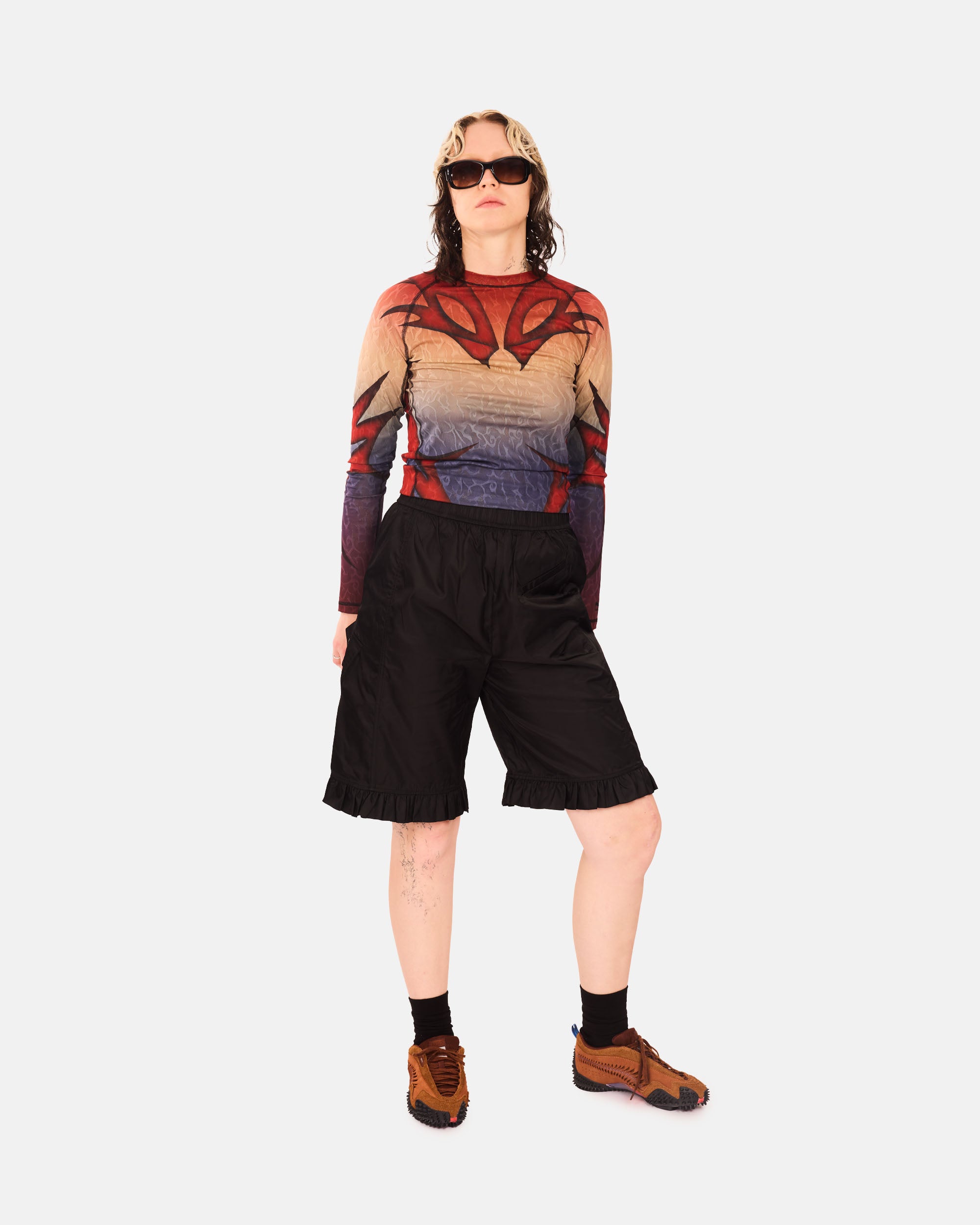 GANNI Duchesse Nylon Midi Ruffle Shorts Black W0411-099