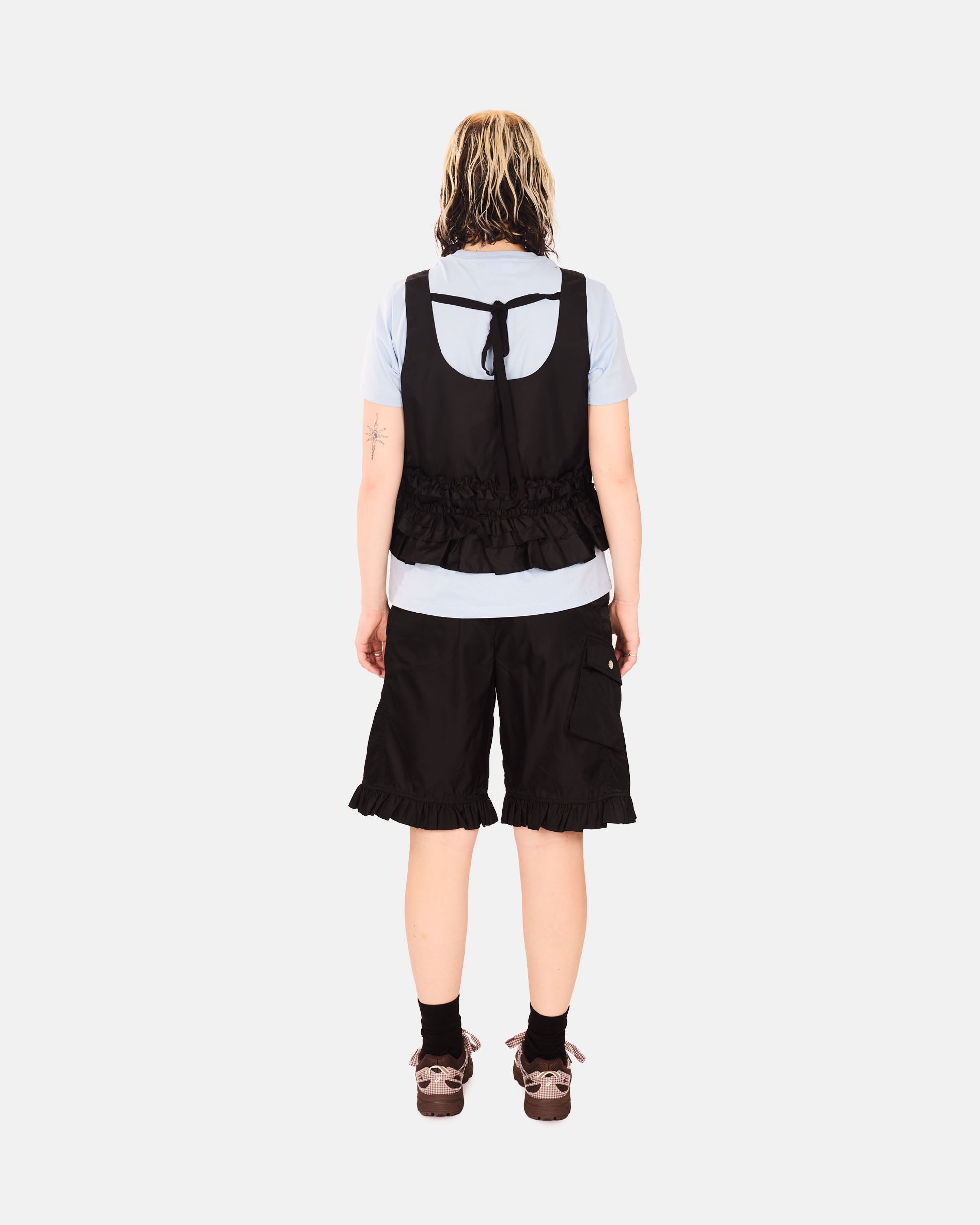 GANNI Duchesse Nylon Open Back Frill Top Black W0564-099