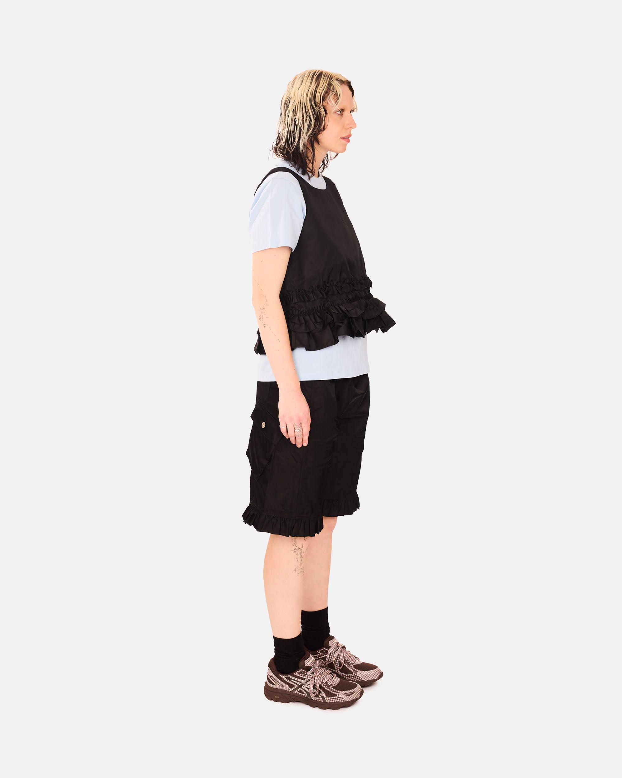 GANNI Duchesse Nylon Open Back Frill Top Black W0564-099