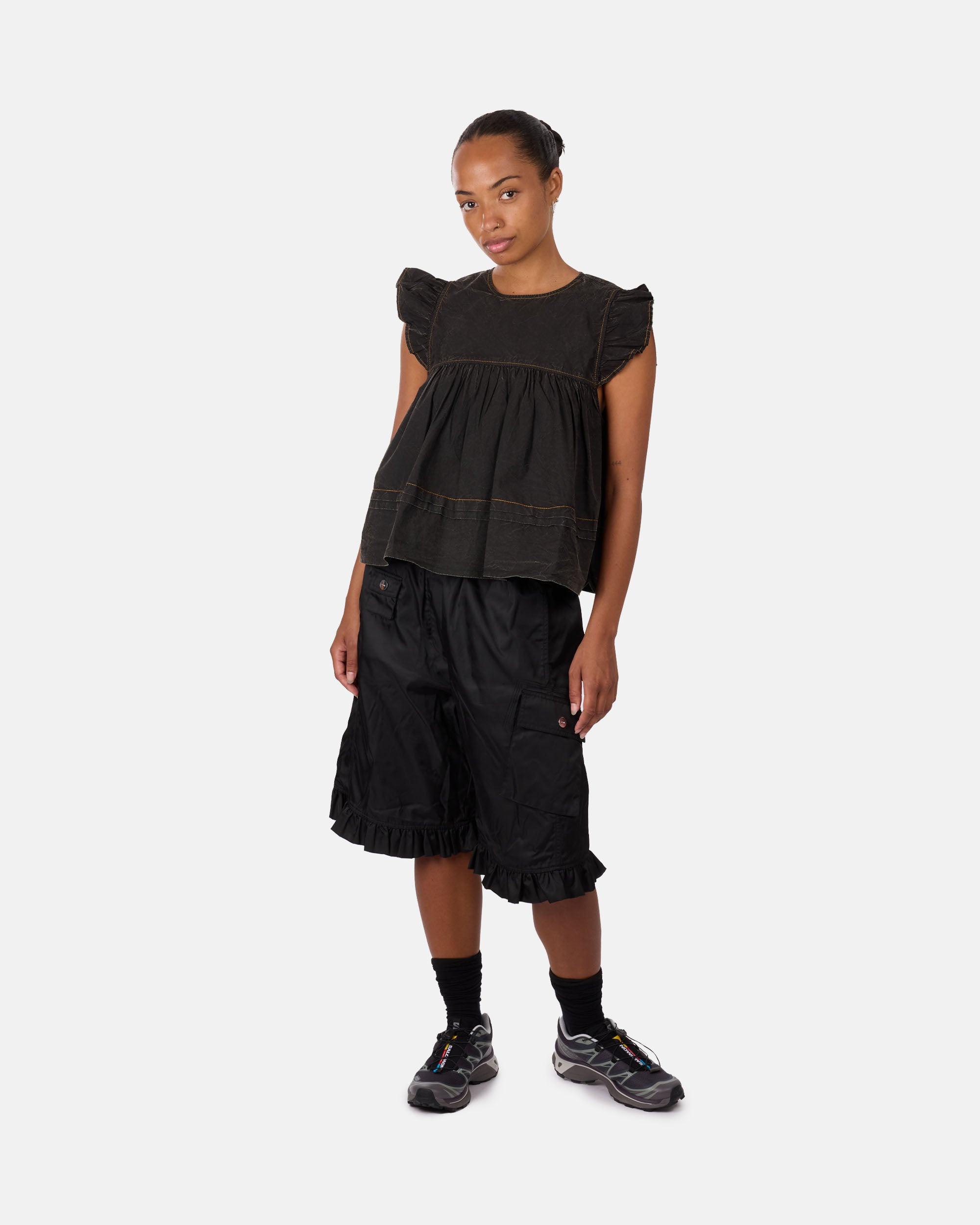 GANNI Garment Dyed Cotton Frill Sleeve Top Black W0587