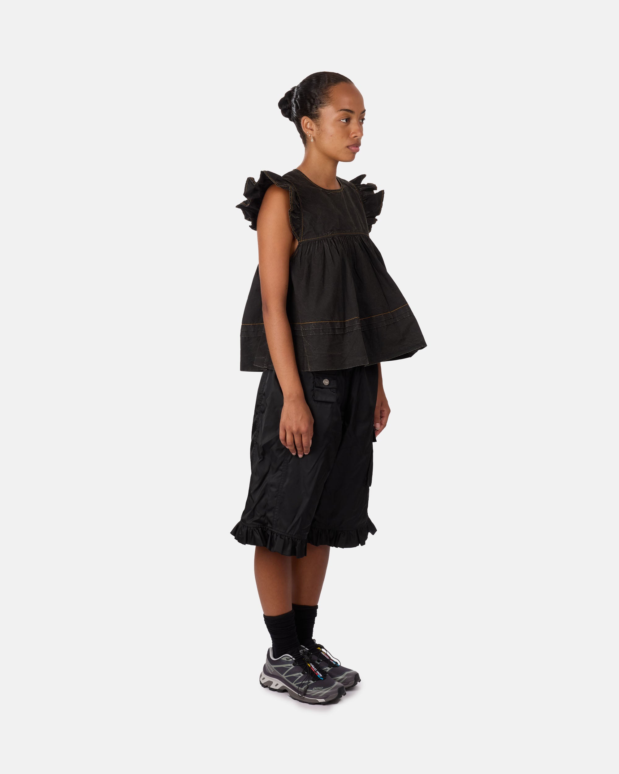 GANNI Garment Dyed Cotton Frill Sleeve Top Black W0587