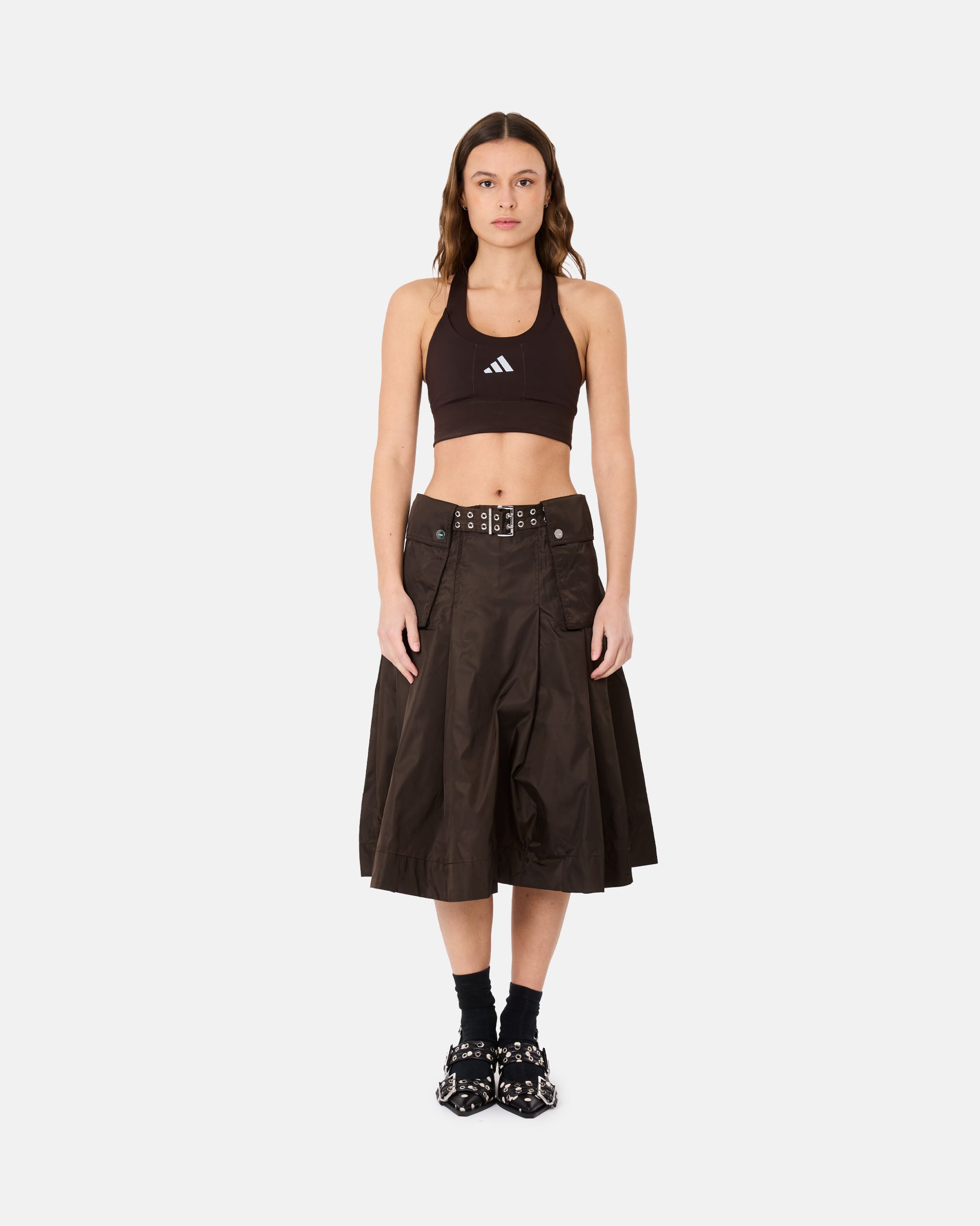 GANNI Duchesse Nylon Midi Pleated Pocket Skirt Demitasse A1090054-ZWX