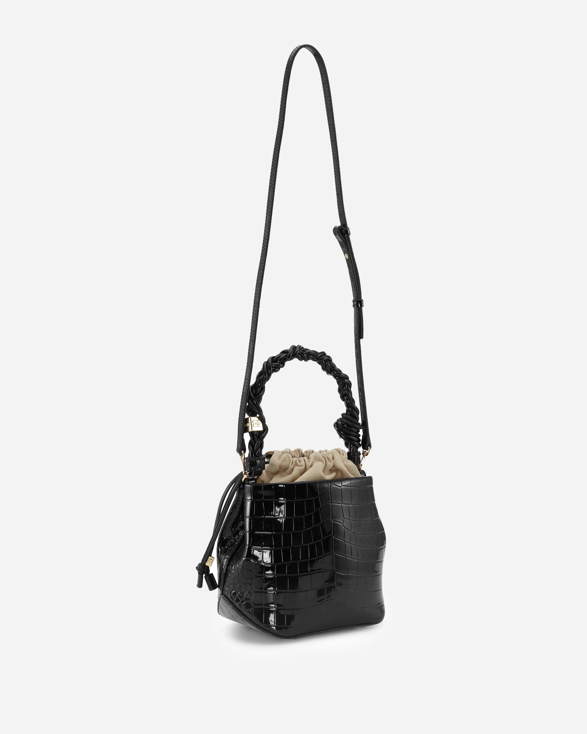 GANNI Ganni Bou Bucket Bag Patent Croco Black A6286-099