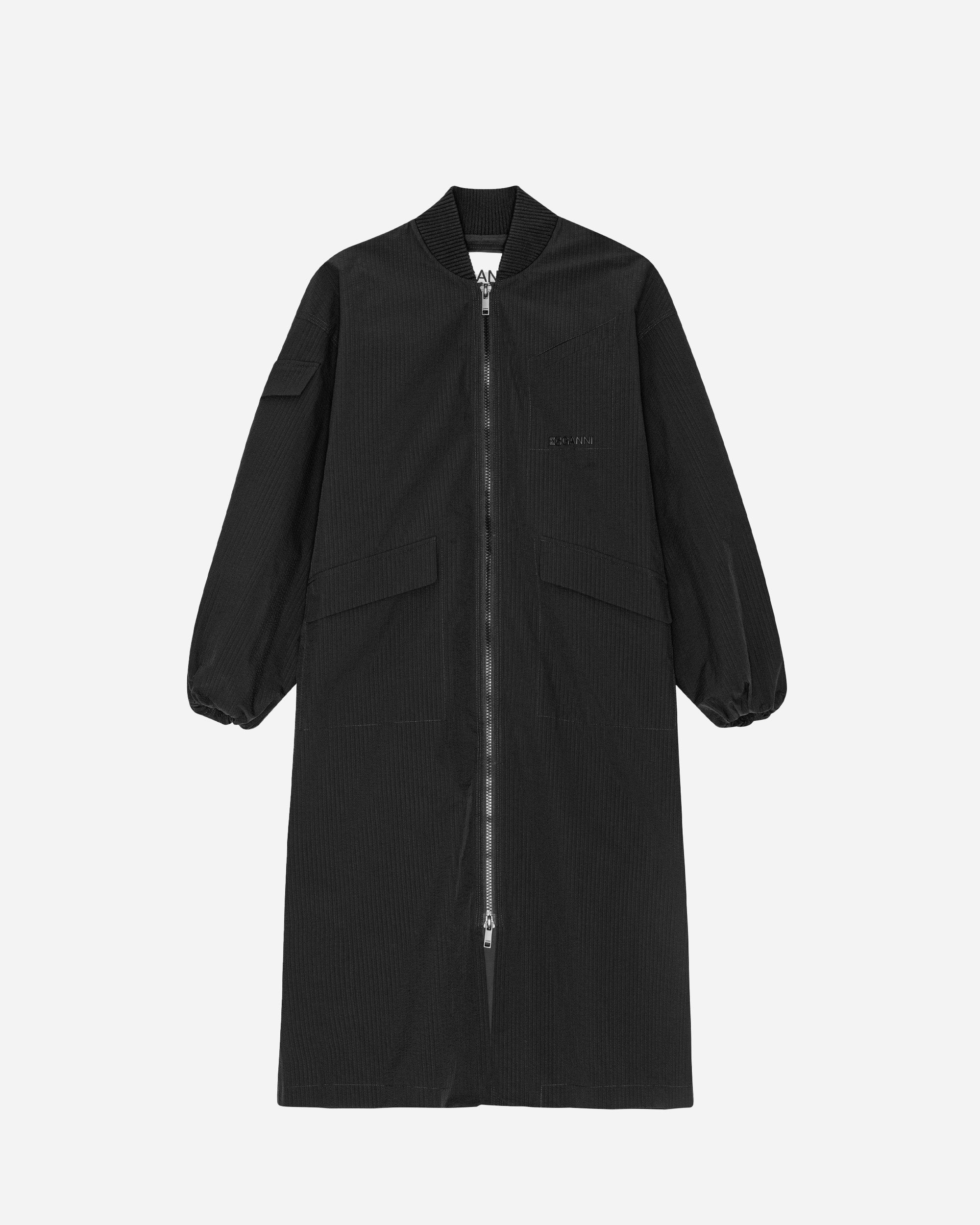 GANNI Tech Seersucker Oversized Shell Coat Black F9468-099