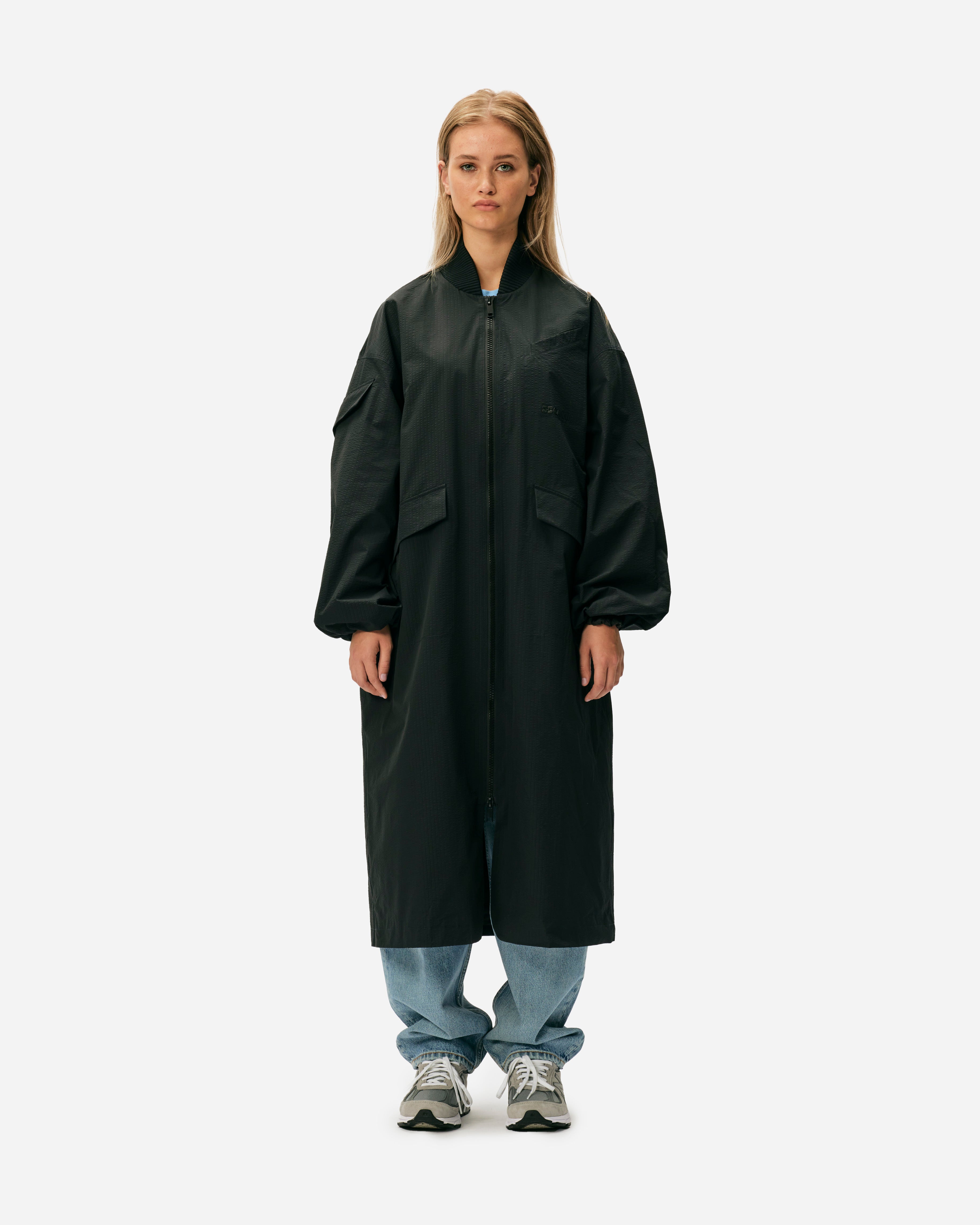 GANNI Tech Seersucker Oversized Shell Coat Black F9468-099