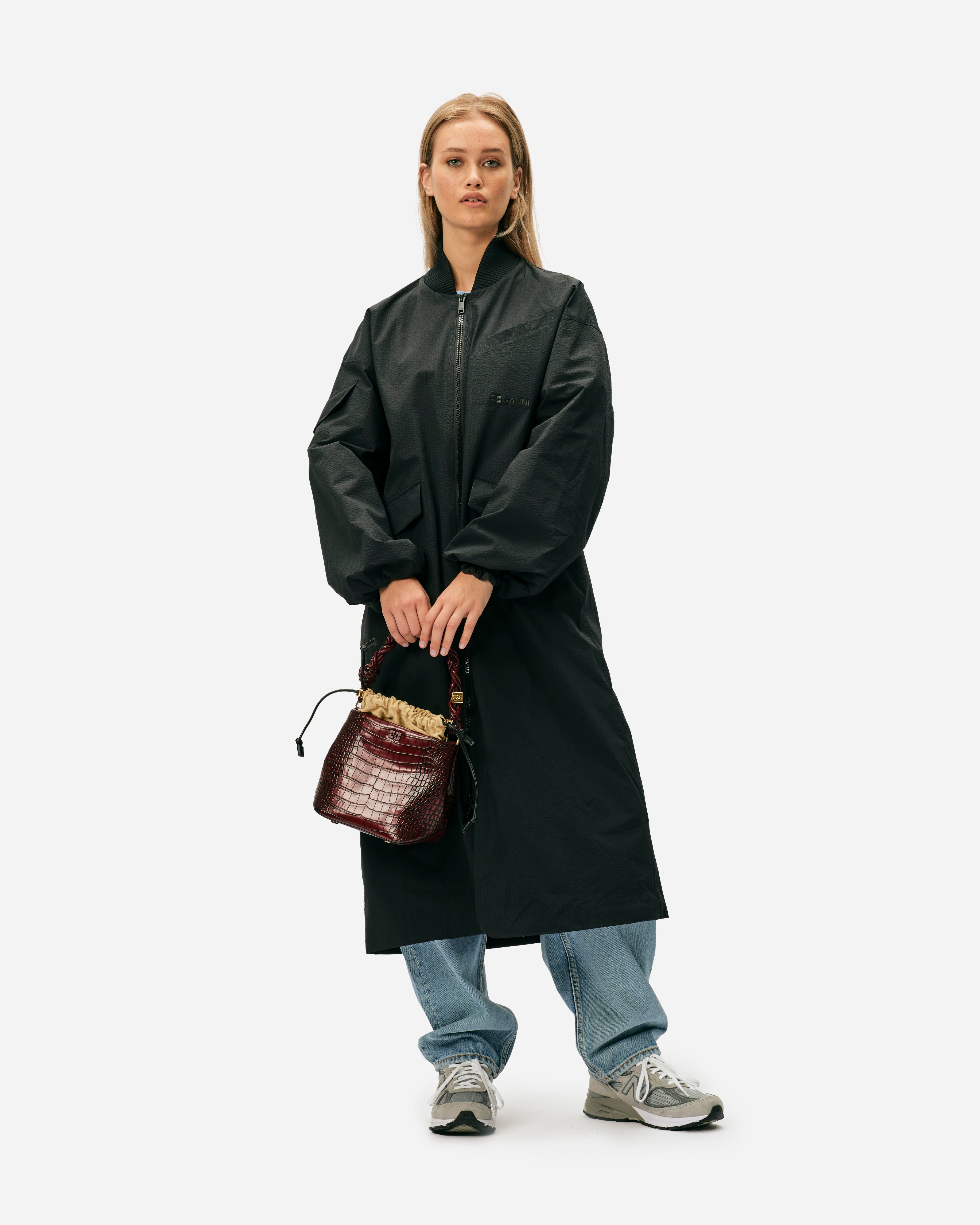 GANNI Tech Seersucker Oversized Shell Coat Black F9468-099