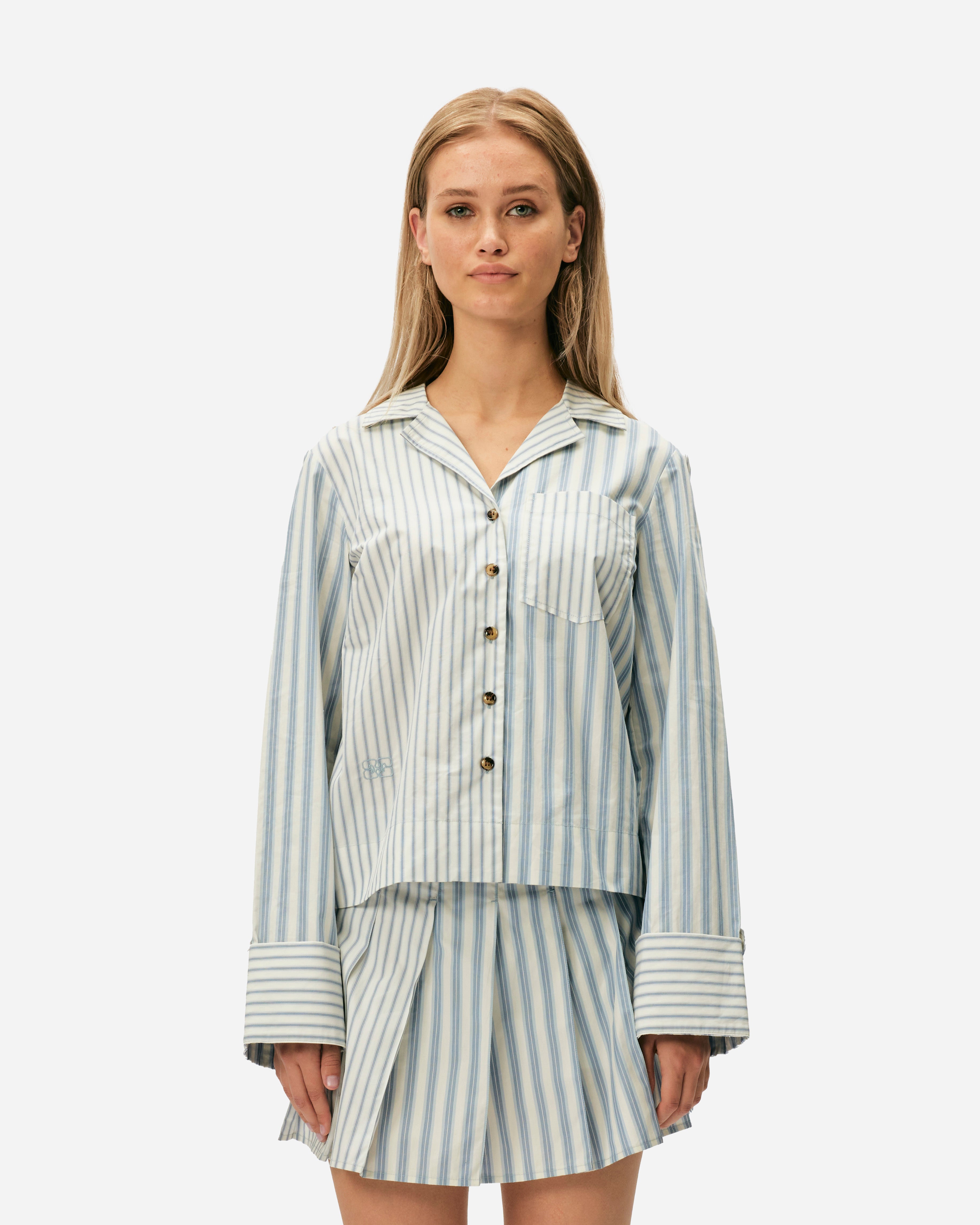 GANNI Stripe Cotton Shirt Egret F9598-135