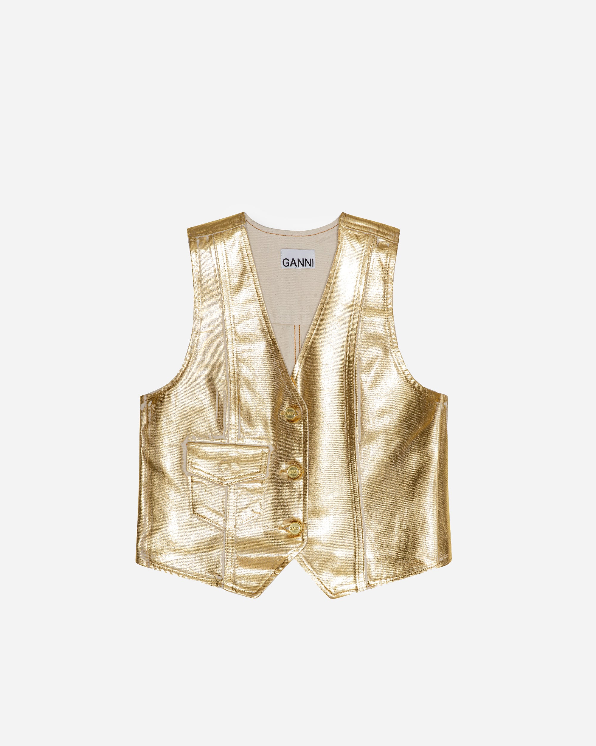 GANNI Foil Denim Vest Egret J1482