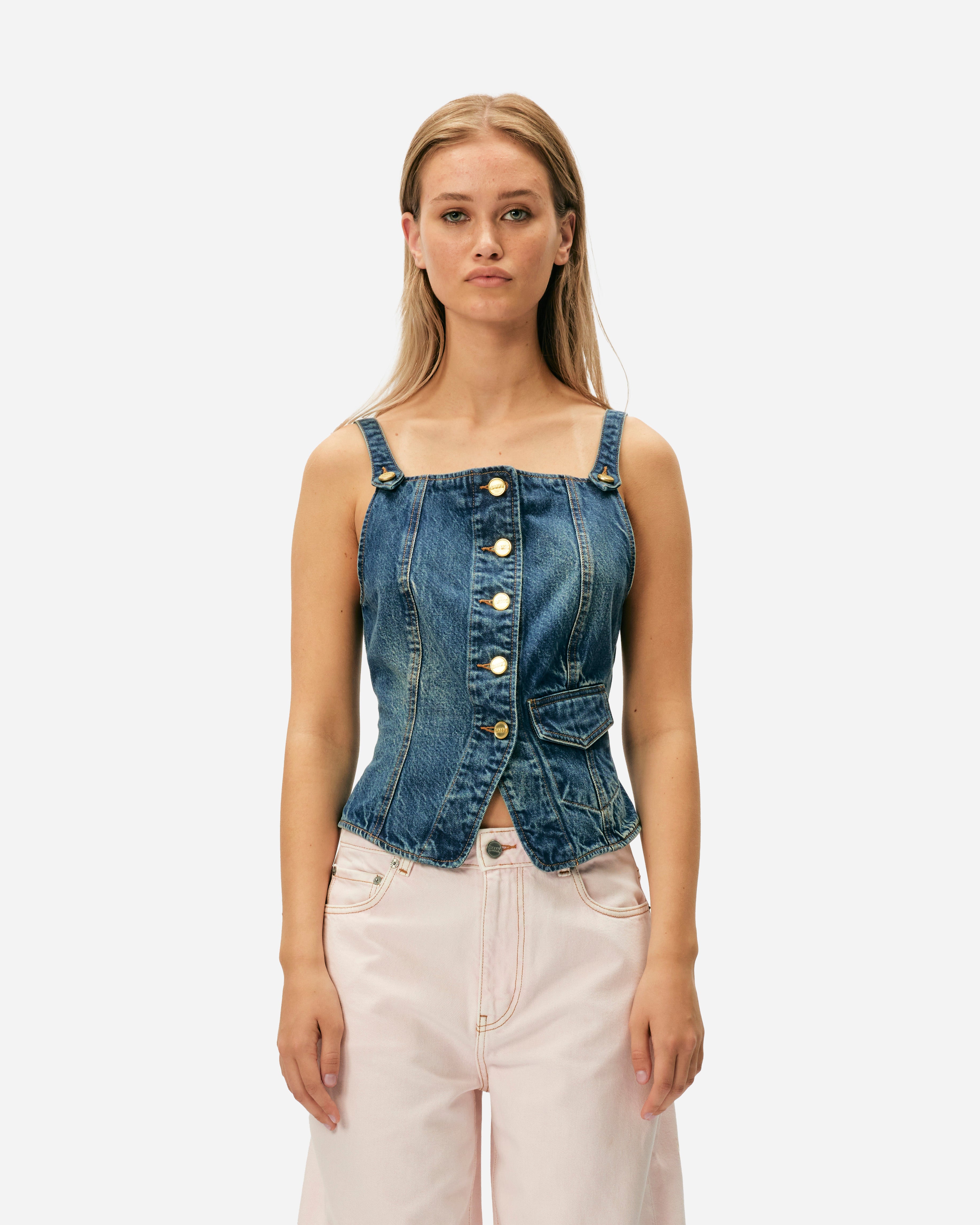 GANNI Kraftigt vasket denimtop Mid Blue Vintage J1580-567