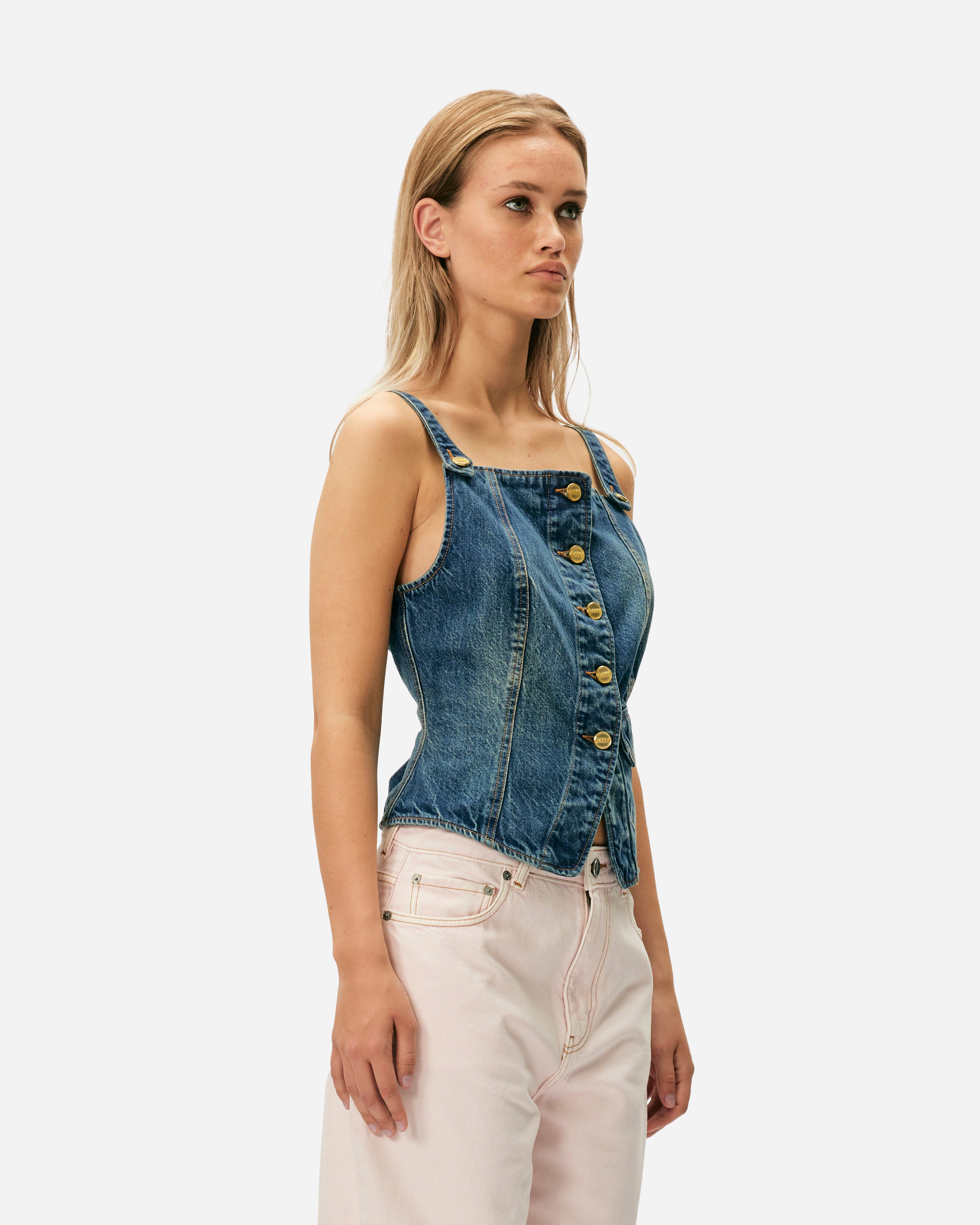 GANNI Kraftigt vasket denimtop Mid Blue Vintage J1580-567