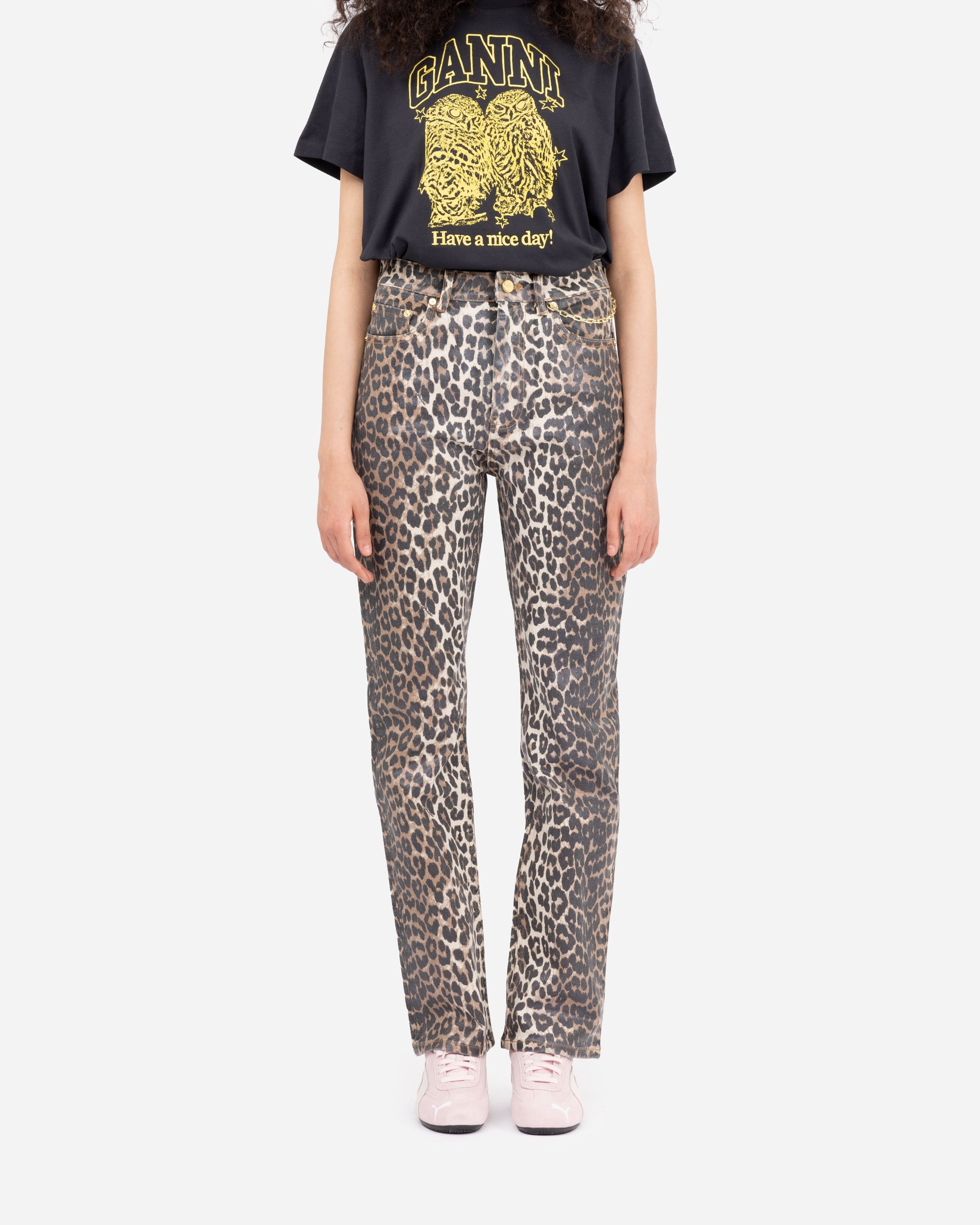 GANNI Foil Print Denim Carri Chain Leopard J1608