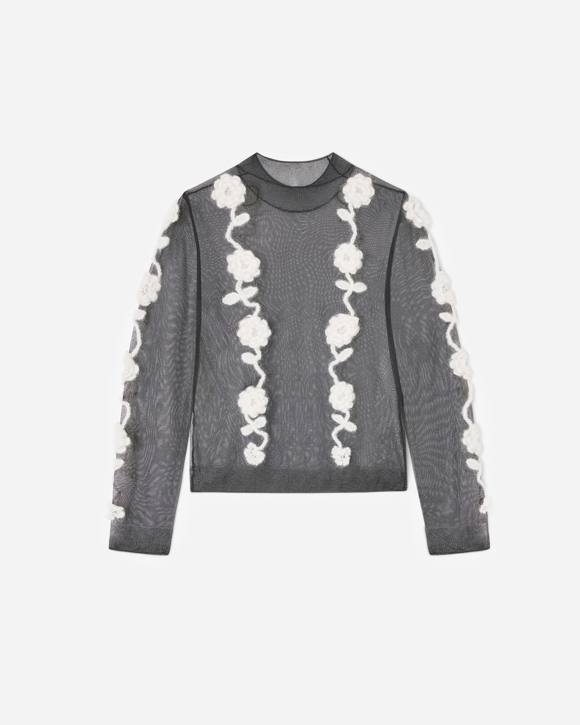 GANNI Sheer Flower Crochet Applique Top Black K2649