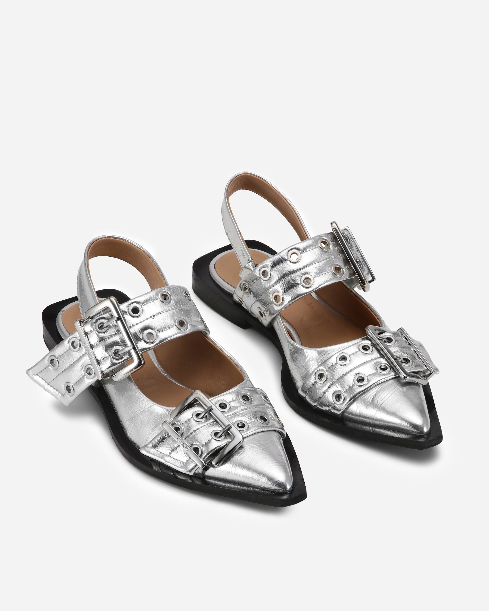 GANNI Feminine Schnallen-Ballerina Metallic Silver S2725-018