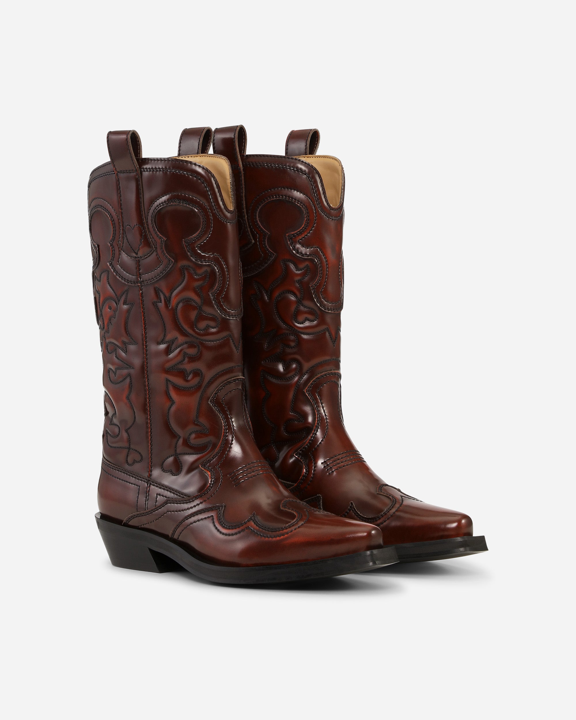 GANNI Mid Shaft Embroidered Western Boot Brushed Black/Dark Burgundy S3167