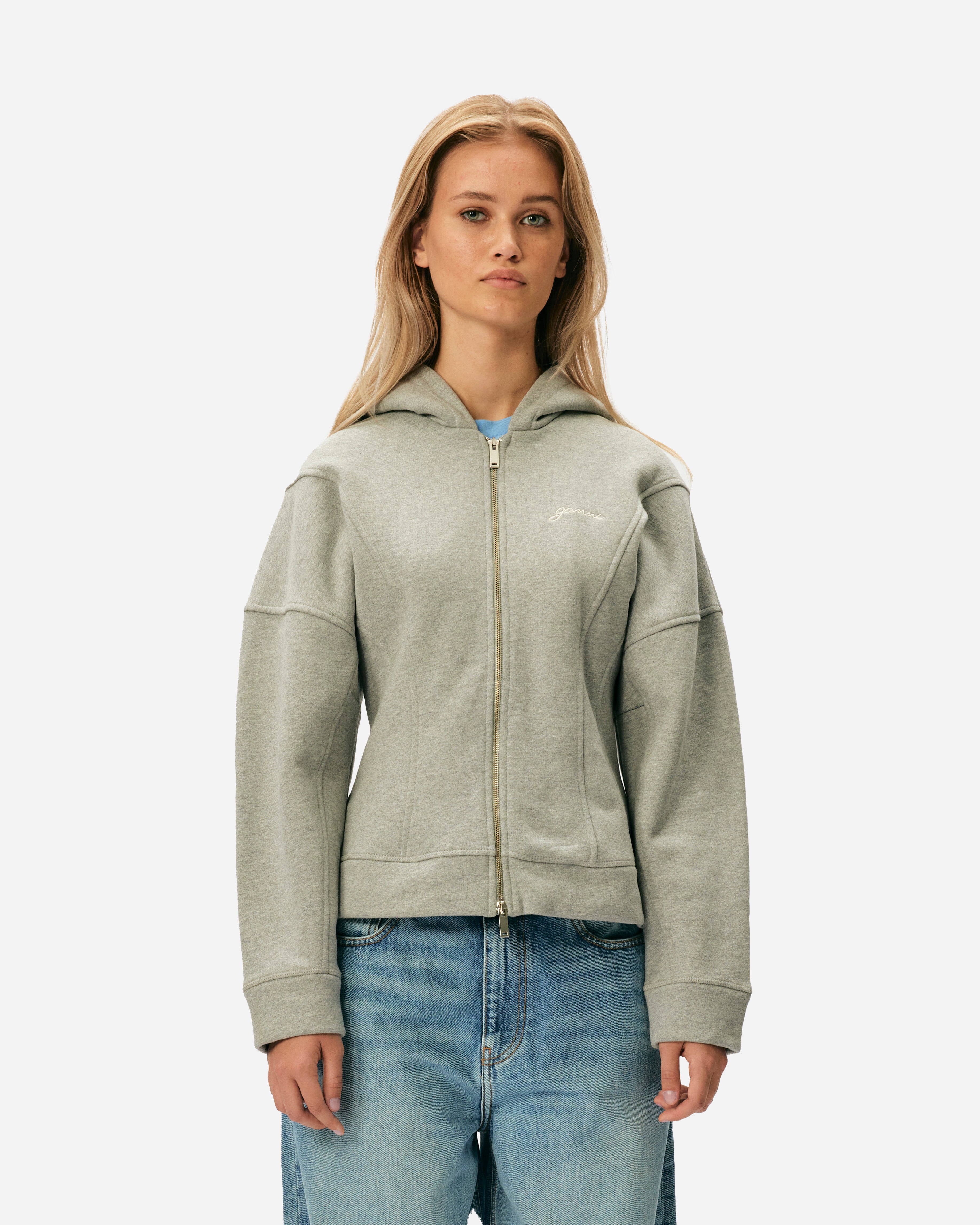 GANNI Heavy Fleece Zip Hoodie Paloma Melange T3998-921