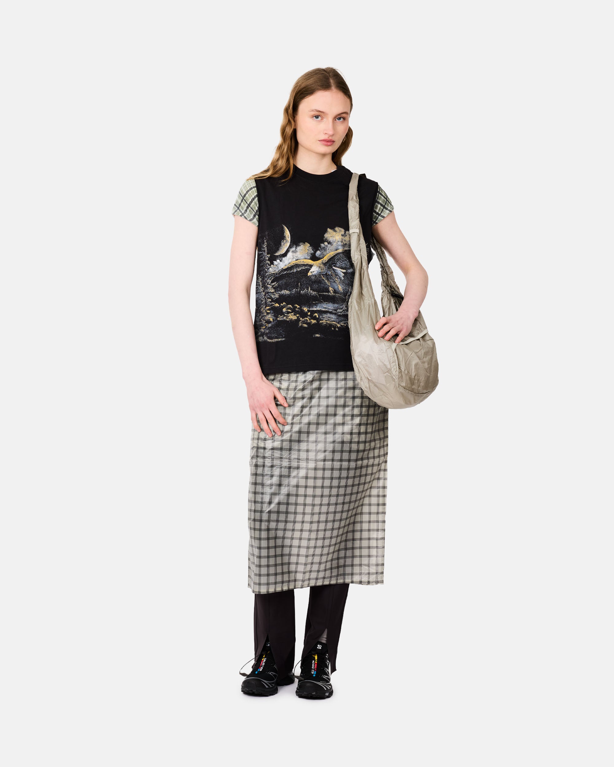 ROA Nia See Through Printed Check Mid Skirt White YBWW033FA13