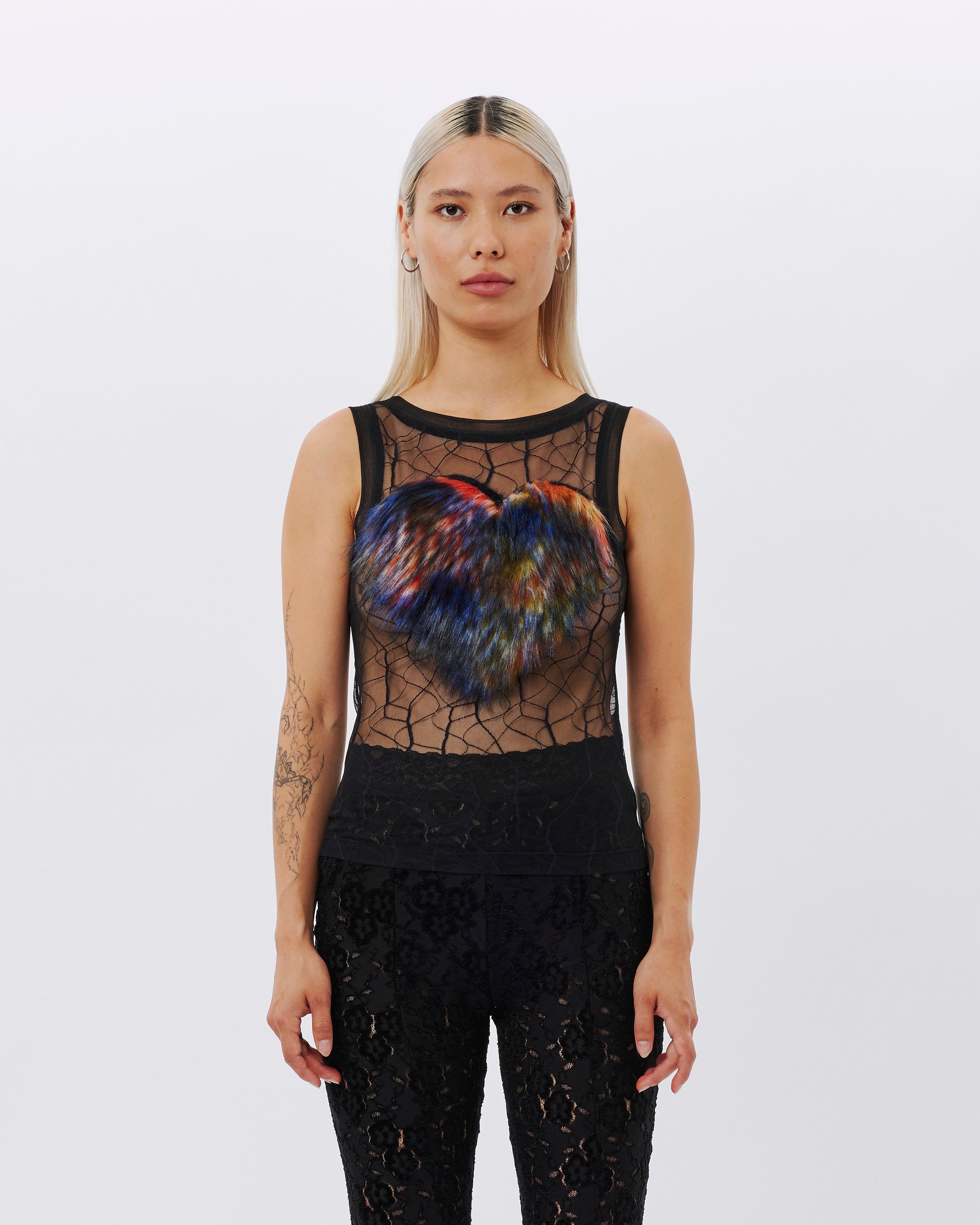 Andersson Bell Heart Fur Mesh Top BLACK atb984w-BLK